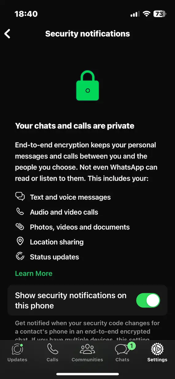 A screenshot of the WhatsApp Security notifications screen.