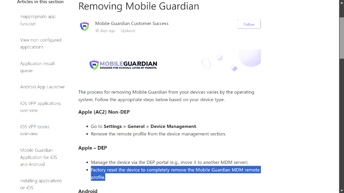 A screenshot of a Mobile Guardian step-by-step guide for removing the platform.