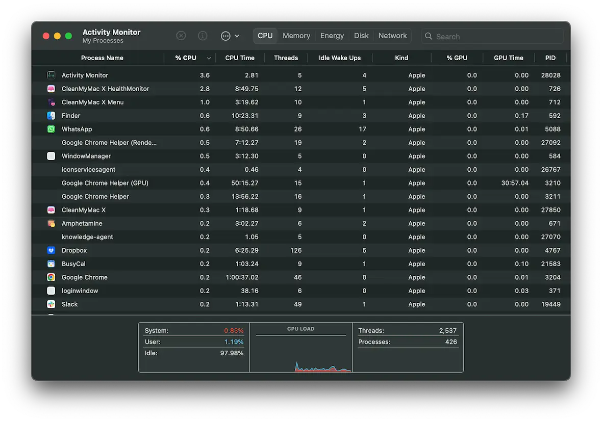 A screenshot of the Activity Monitor utility on macOS.