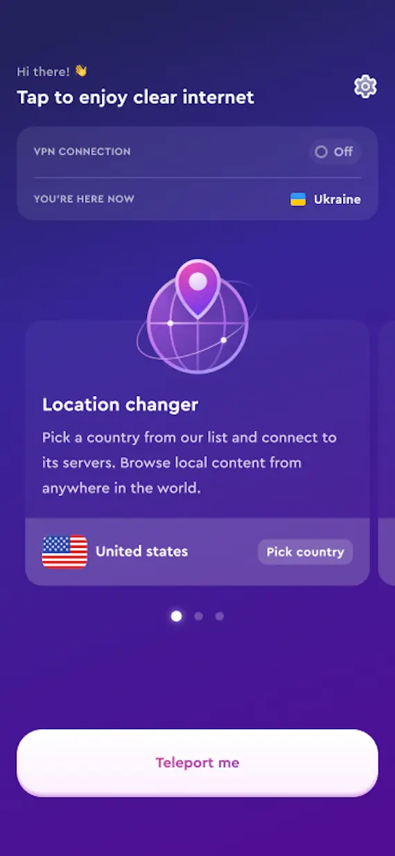 A screenshot of the Location changer feature on ClearVPN.