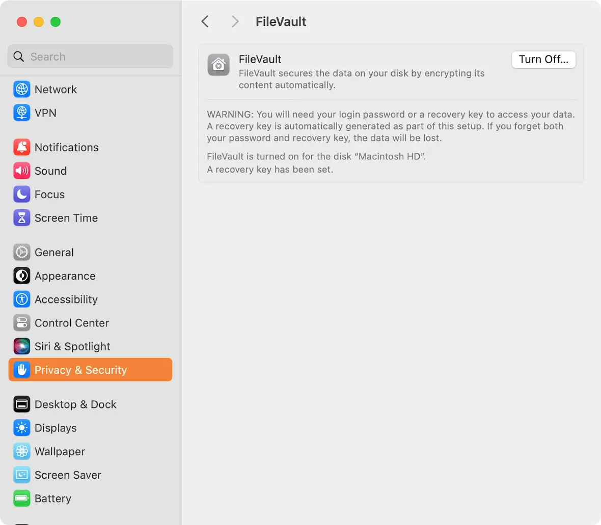 A screenshot of the FileVault page in macOS Settings with the option to Turn Off...