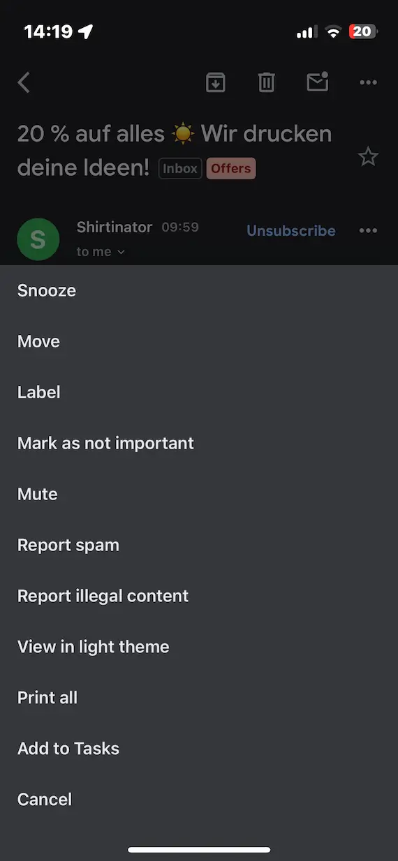 A screenshot of an email message with the "Report spam" option.