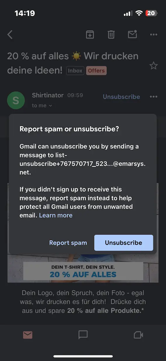 A screenshot of the "Report spam or unsubscribe" option.