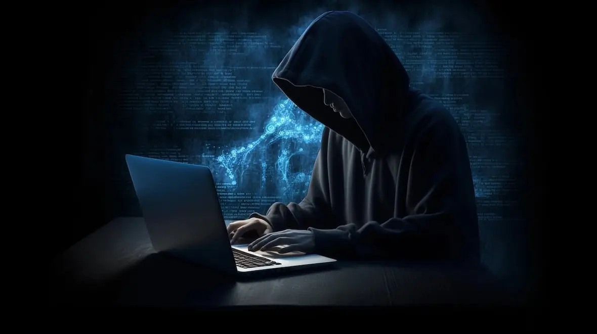 An image of a shadowy figure using a laptop.