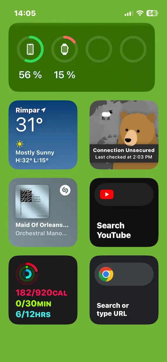 A screenshot of an iPhone Home Screen with widgets enabled.