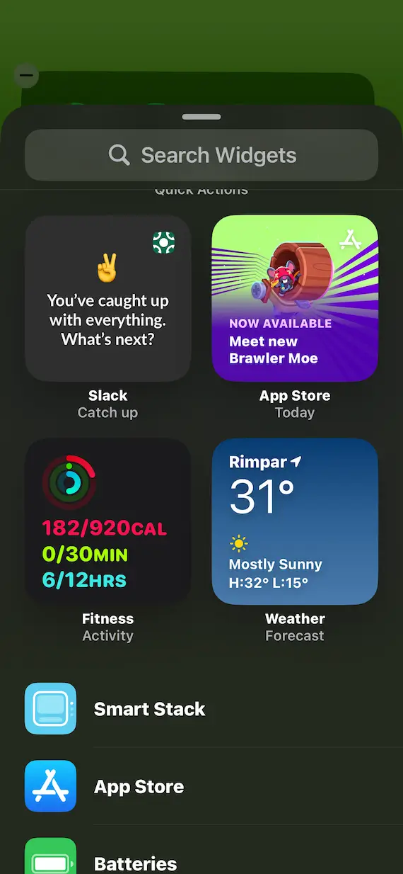 A screenshot of the Search Widgets page on iPhone.