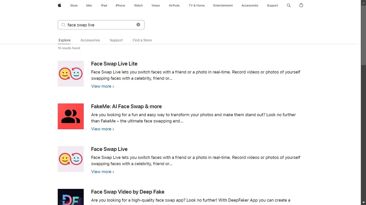 A screenshot showing live face swap apps listed on the Apple App Store.