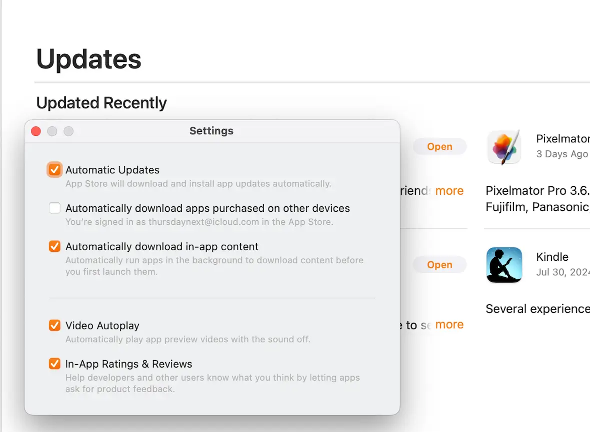 A screenshot of the Settings window in the Apple App store with the Automatic Updates option enabled.