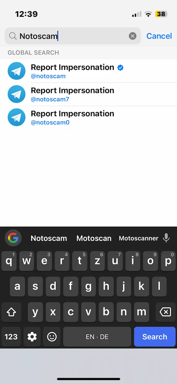 A screenshot of the Telegram app showing how to search for the notoscam (Report Impersonation) bot.