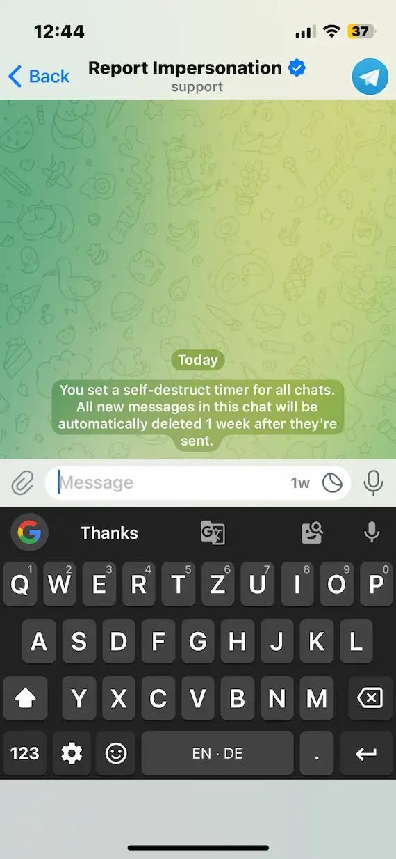 A screenshot of the Telegram app showing a chat with the Report Impersonation Telegram bot.