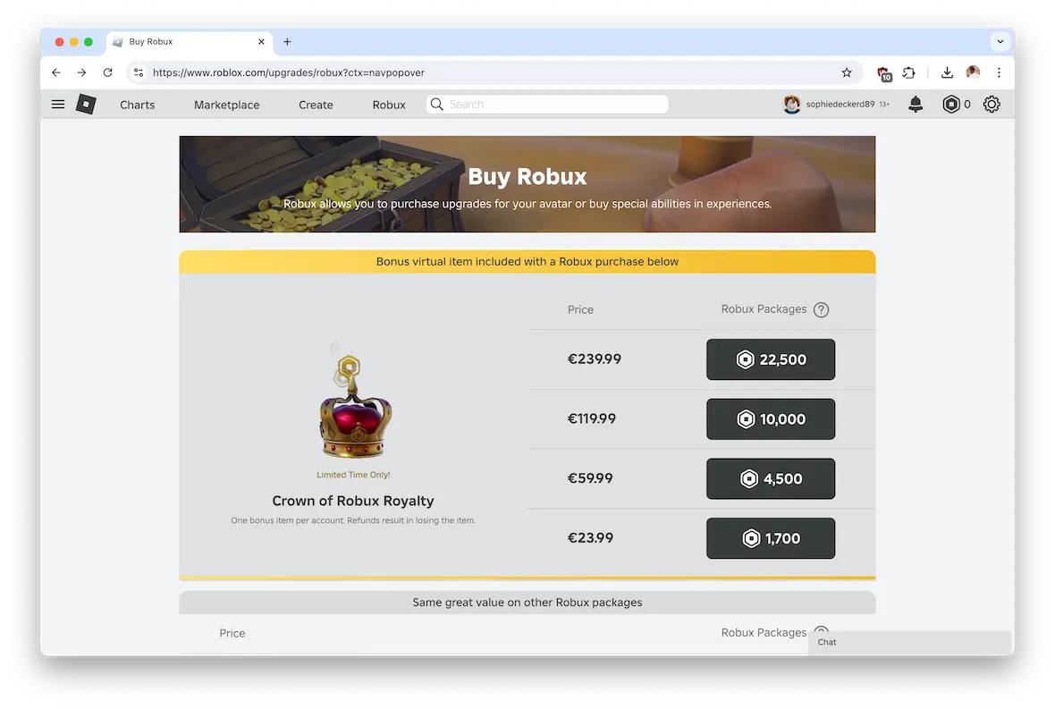 A screenshot of the page to buy Robux, Roblox currency.