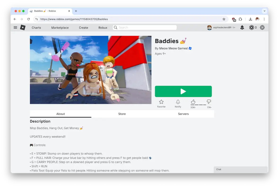 A screenshot of a Roblox game page called Baddies.