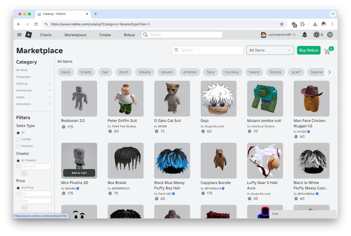 A screenshot of the Roblox Marketplace.