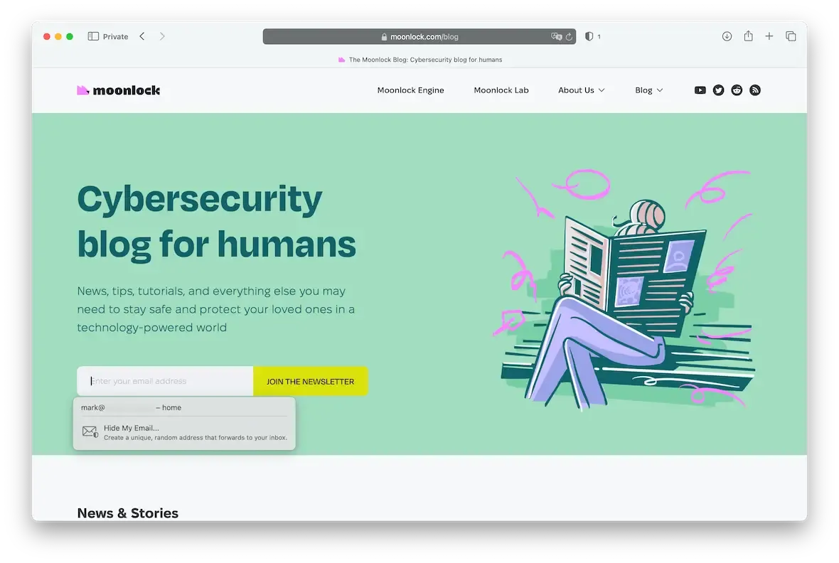 A screenshot of the Moonlock homepage, with an email address field to join the newsletter.