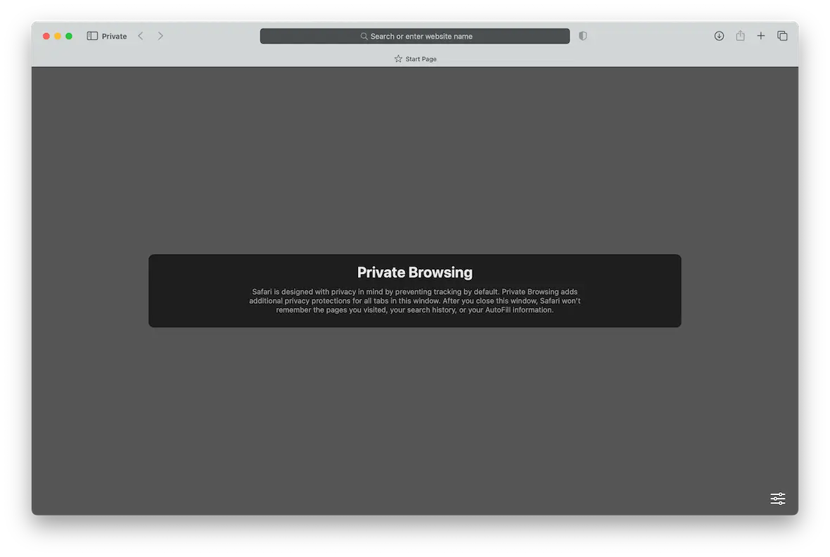 A screenshot of Private Browsing in Safari.