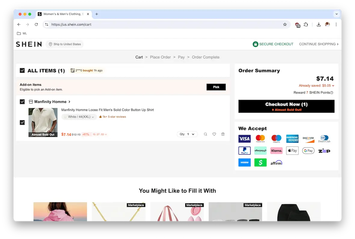 A screenshot of the Shein shopping cart screen.