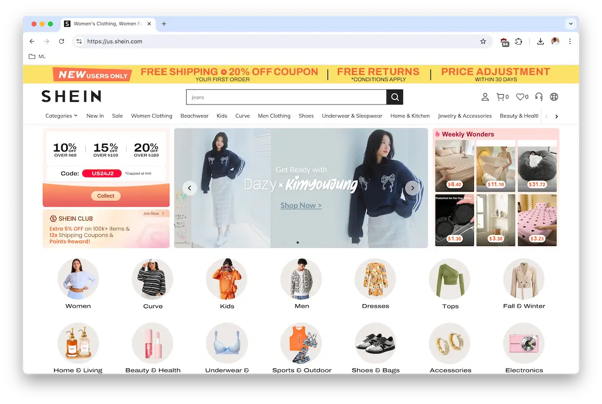 A screenshot of the Shein website homepage.