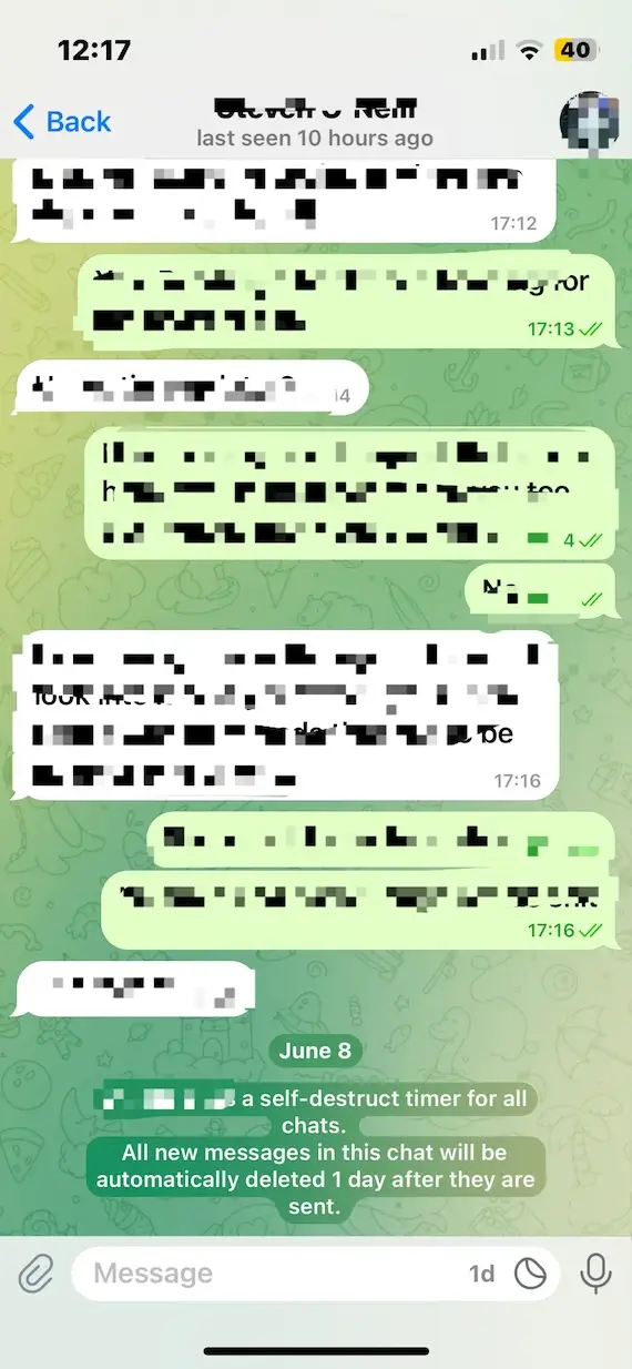 A screenshot of a Telegram chat with the contents blurred out.