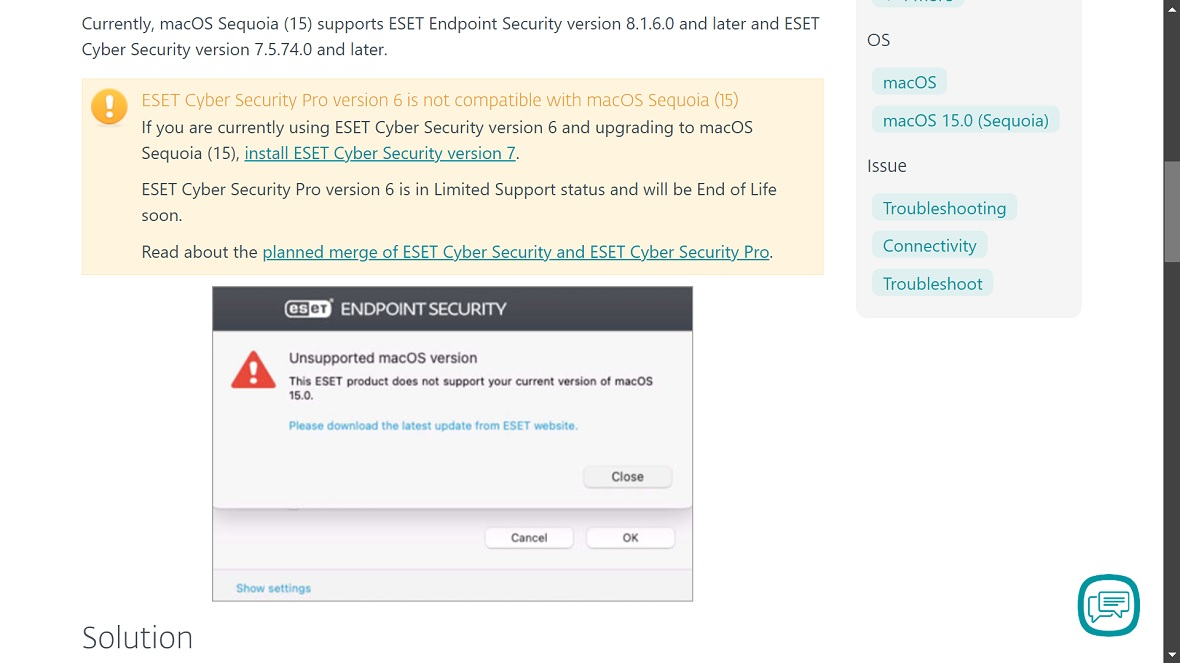 Image of a communication issued by the company ESET Support, explaining and guiding users on the problems with macOS 15.