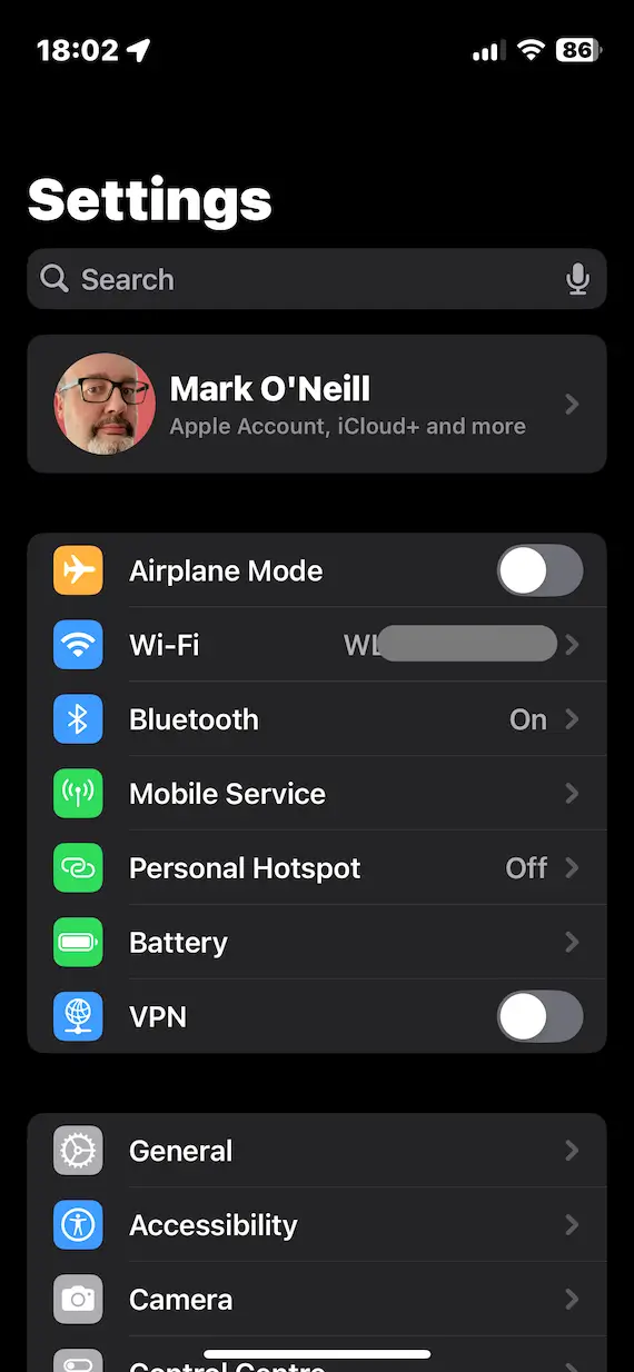 A screenshot of the Settings page on iOS.