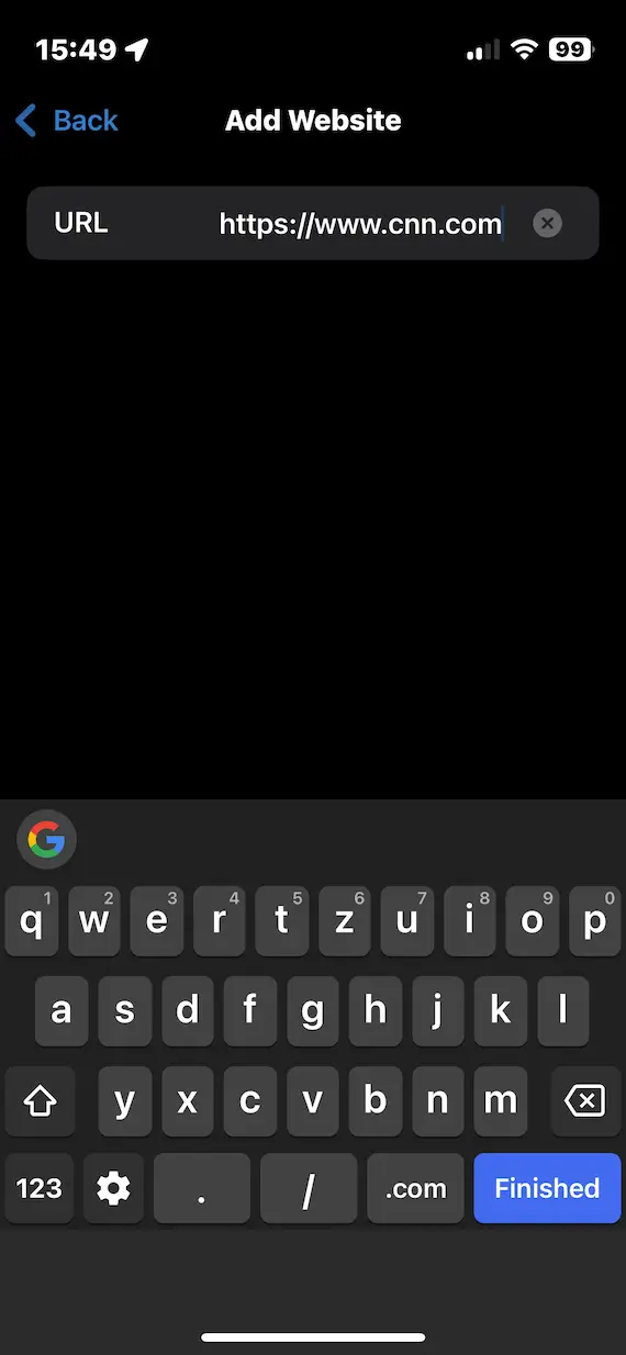 A screenshot of the iPhone Add Website option with the field to enter a URL.