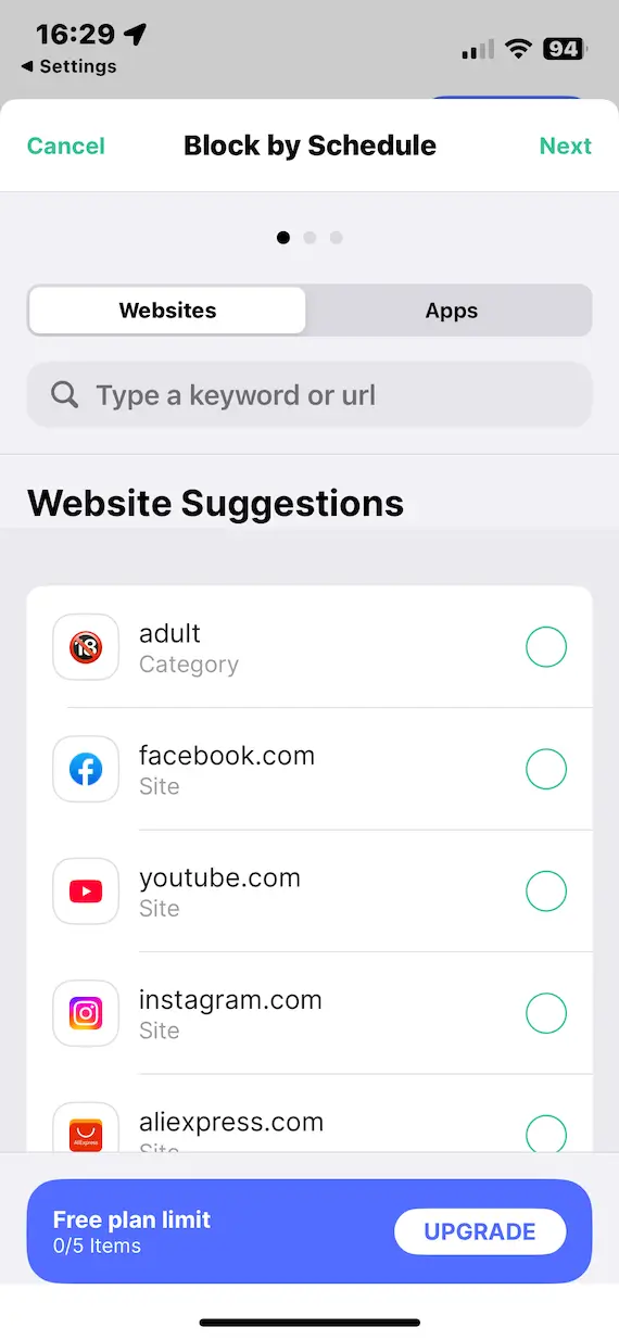 A screenshot of the settings in the BlockSite app, with a list of website suggestions and categories.