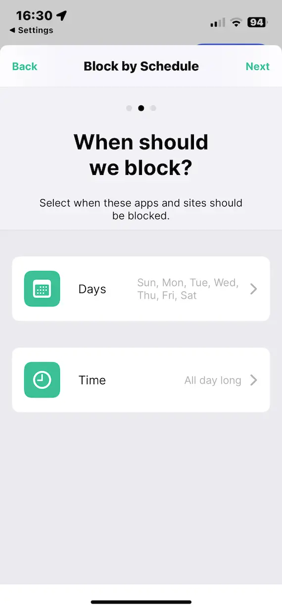 A screenshot of the "When should we block?" page in the BlockSite app.