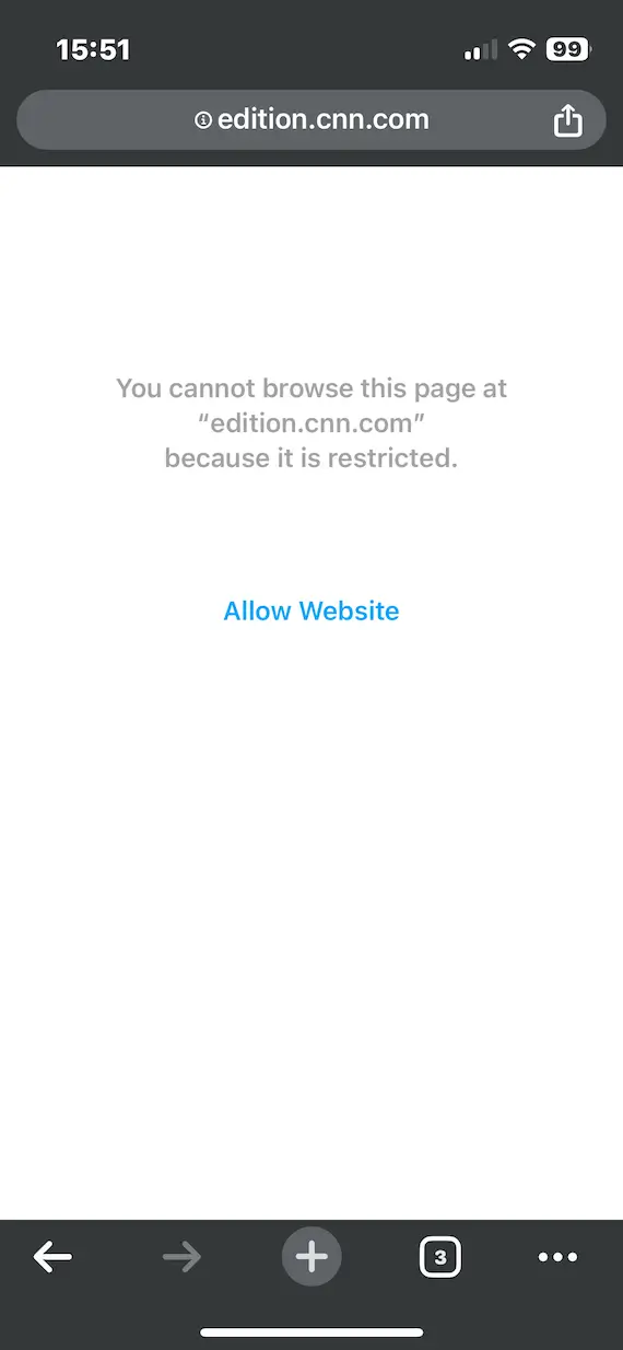 A screenshot of a restricted URL being blocked by the Never Allow option.