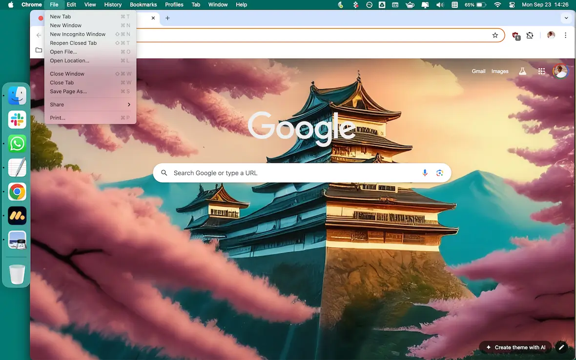 A screenshot of a Google Chrome window with the File menu open.