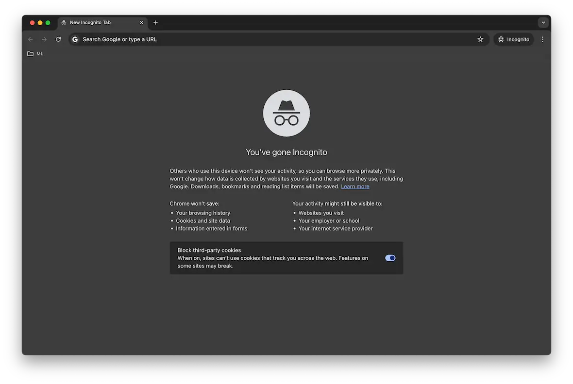 A screenshot of Google Chrome's Incognito mode (Private Browsing).