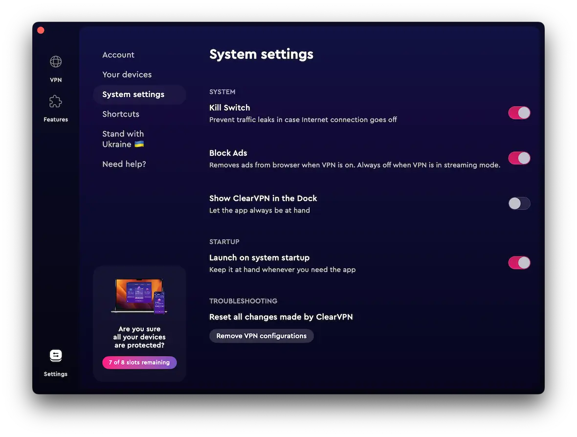 A screenshot of the System settings page for ClearVPN, showing the Kill Switch option.