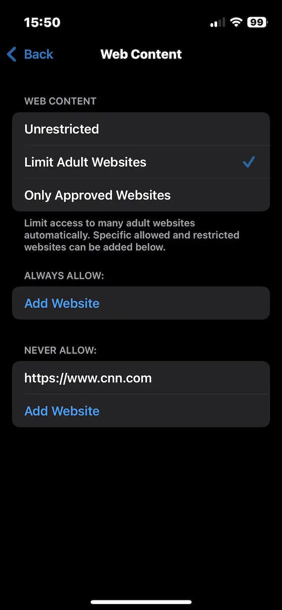 A screenshot of the iPhone Web Content settings page with a restricted URL added under the Never Allow list.