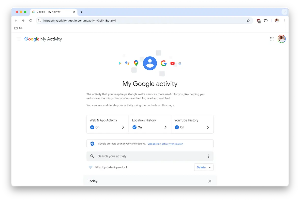 A screenshot of the My Google activity settings page.
