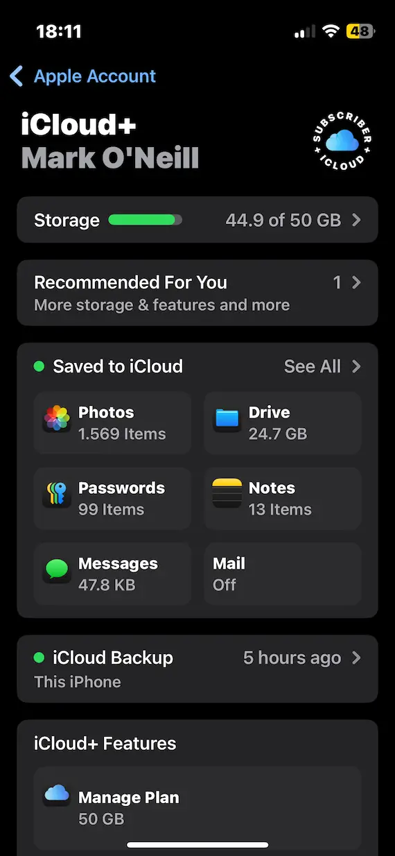 A screenshot of the iCloud page within Apple Account settings.