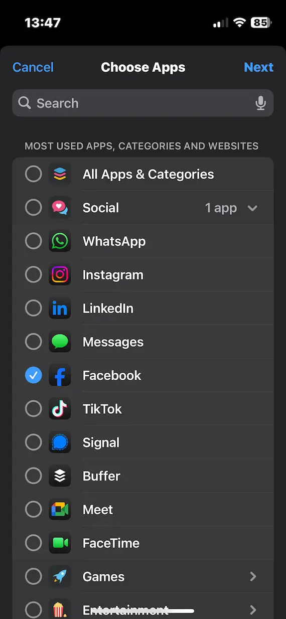 A screenshot of the Screen Time settings prompting the user to Choose Apps.