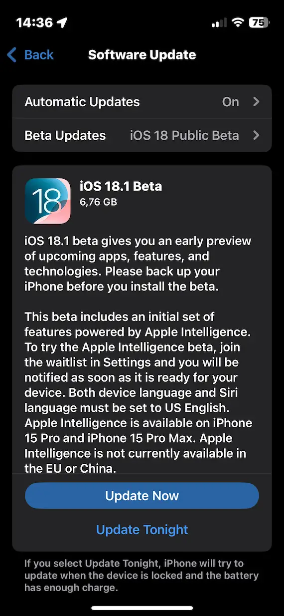 A screenshot of the Software Update screen in iOS, with the option to update to iOS 18.1 Beta.