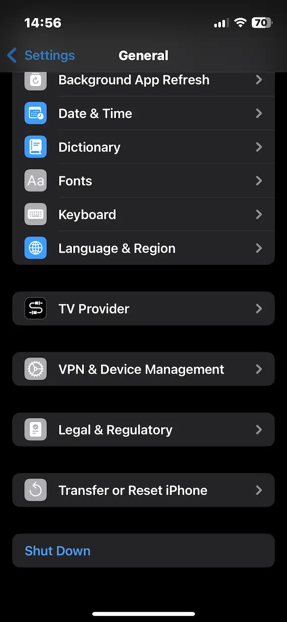 A screenshot of the General menu in the Settings on iOS.