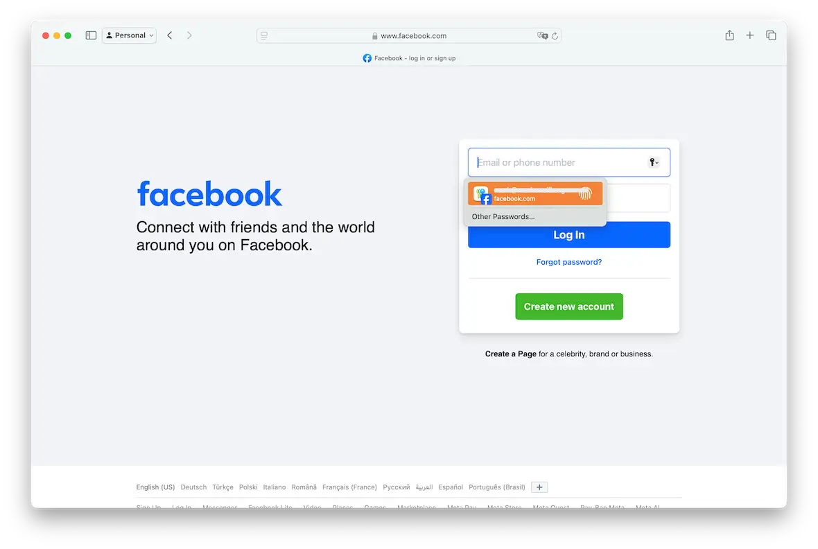 A screenshot of the Facebook login page with iCloud Keychain autofilling login credentials.