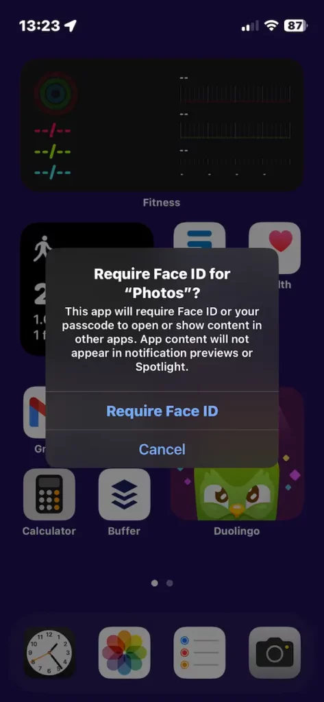 A screenshot of the confirmation message, reading, "Require Face ID for 'Photos'?"