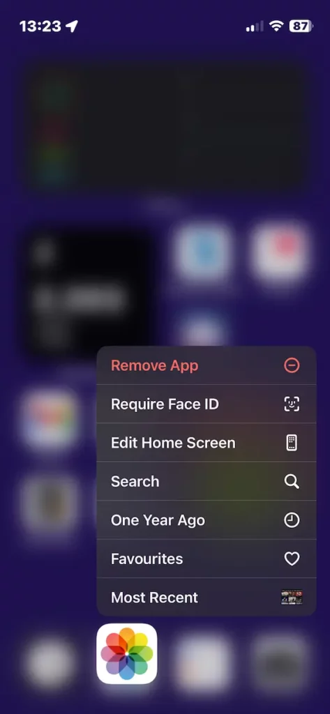 A screenshot of the long-press menu, featuring the Require Face ID option.