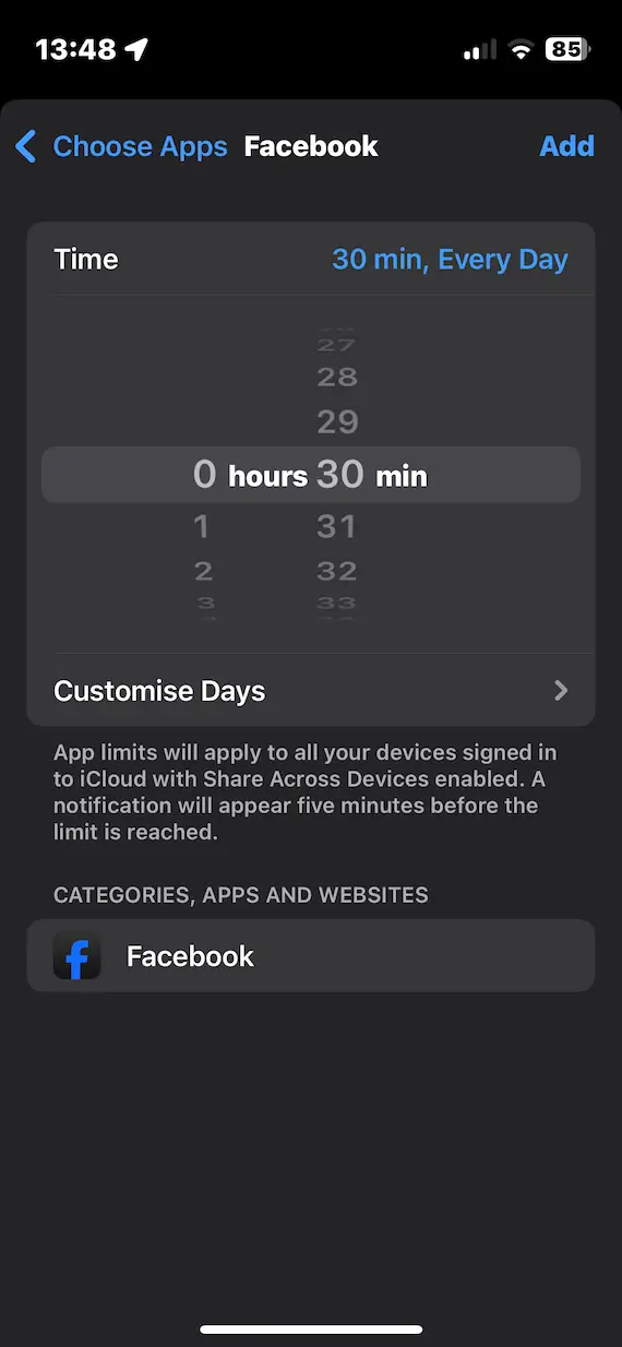 A screenshot of the Screen Time settings allowing the user to set a daily time limit for an app.