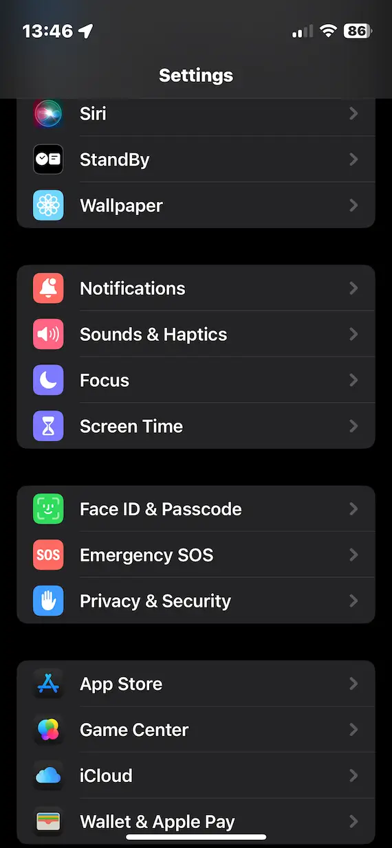 A screenshot of the Settings page on iOS.