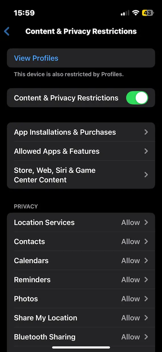 A screenshot of the iPhone Content & Privacy Restrictions settings page.