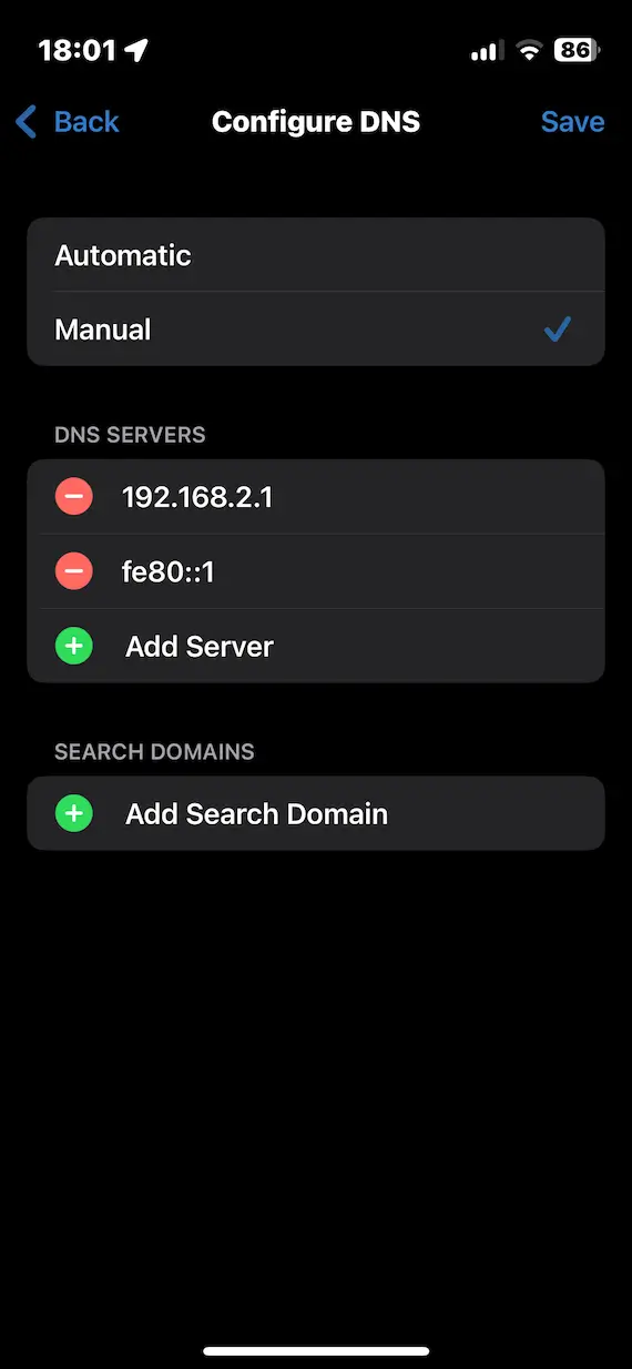 A screenshot of the Configure DNS settings page.