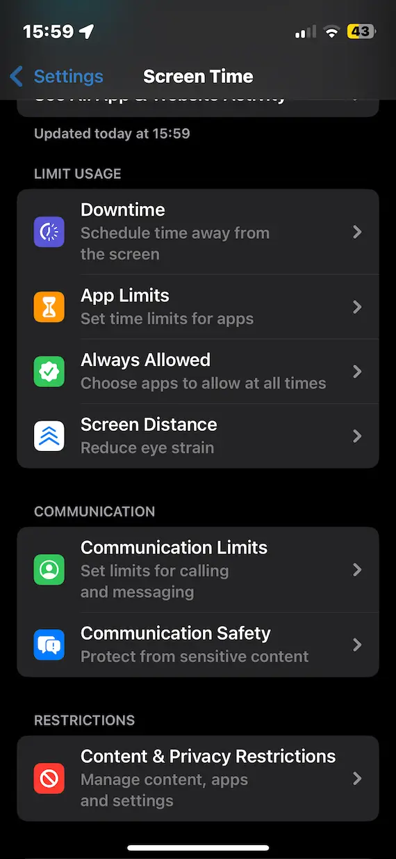 A screenshot of the iPhone Screen Time settlings page.