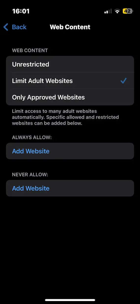 A screenshot of the iPhone Web Content settings page, showing the option to Limit Adult Websites.