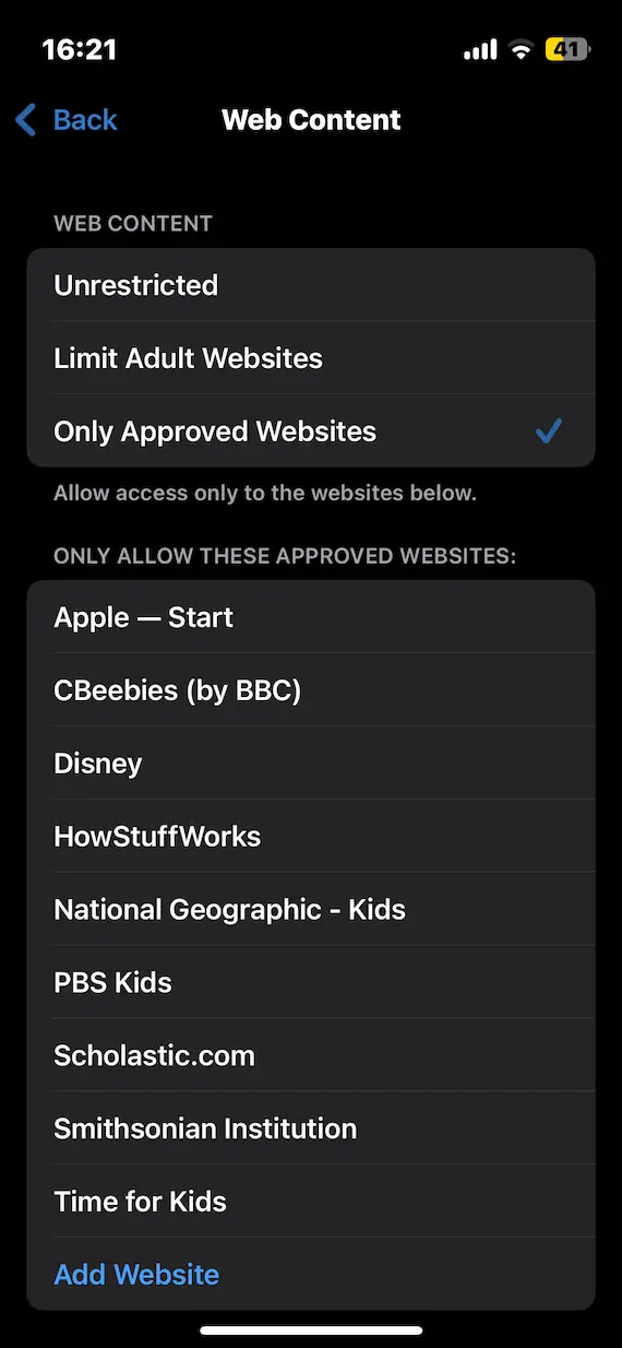 A screenshot of the iPhone Web Content settings page, showing the option to show Only Approved Websites.