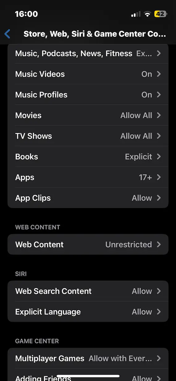 A screenshot of the iPhone Store, Web, Siri & Game Center Content settings page.