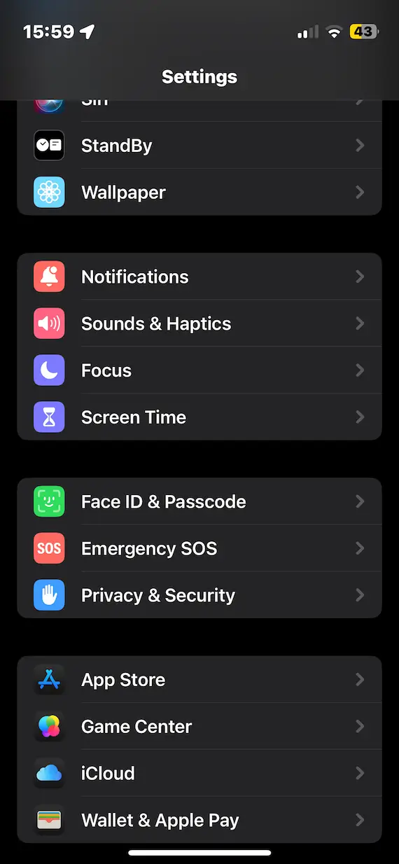 A screenshot of the iPhone Settings menu.