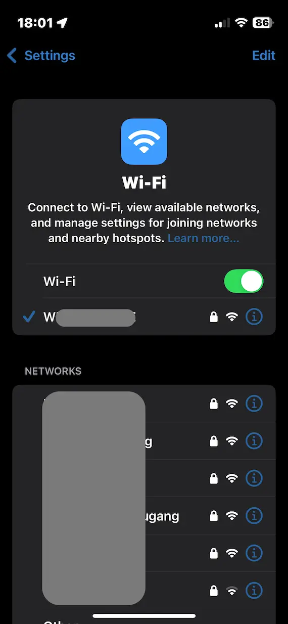 A screenshot of the Wi-Fi settings page on iOS.